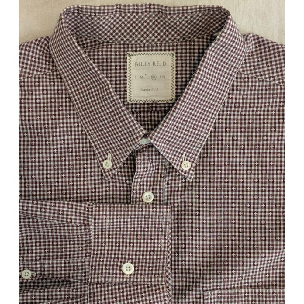 Billy Reid Shirt Mens XL Maroon Micro Check Plaid Long Sleeve Button Down EUC